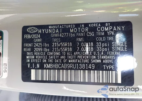 2024 Hyundai Kona Sel z USA, uszkodzony, nr VIN KM8HBCAB9RU138149